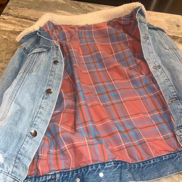Freepeople Plaid Lined Sherpa Jean Trucker Coat Never Worn But Washed - Picture 5 of 6